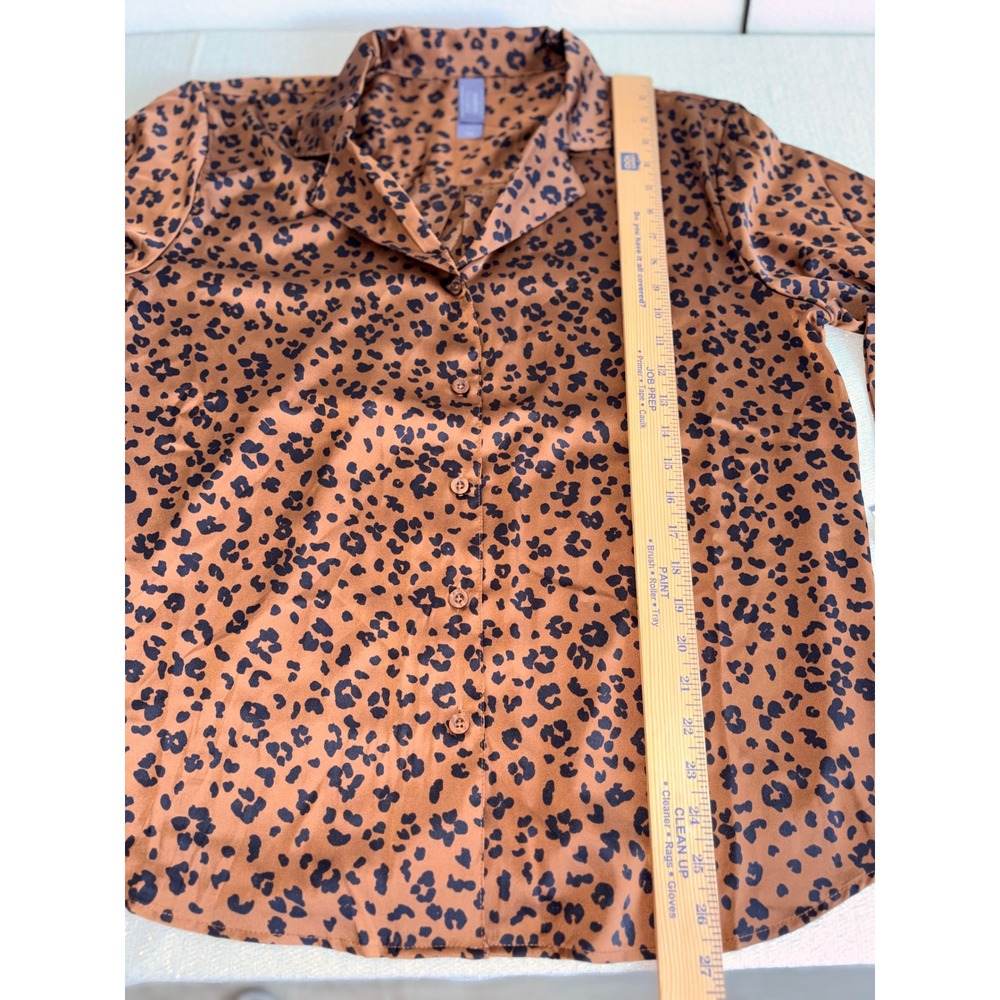 Auden Luxe Satin Pajama Top Large Brown New Leopard Print Button Down Shirt - Picture 7 of 10
